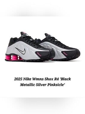 [W-9]=[M-7.5]   2025 Nike Wmns Shox R4 'Black Metallic Silver Pinksicle'